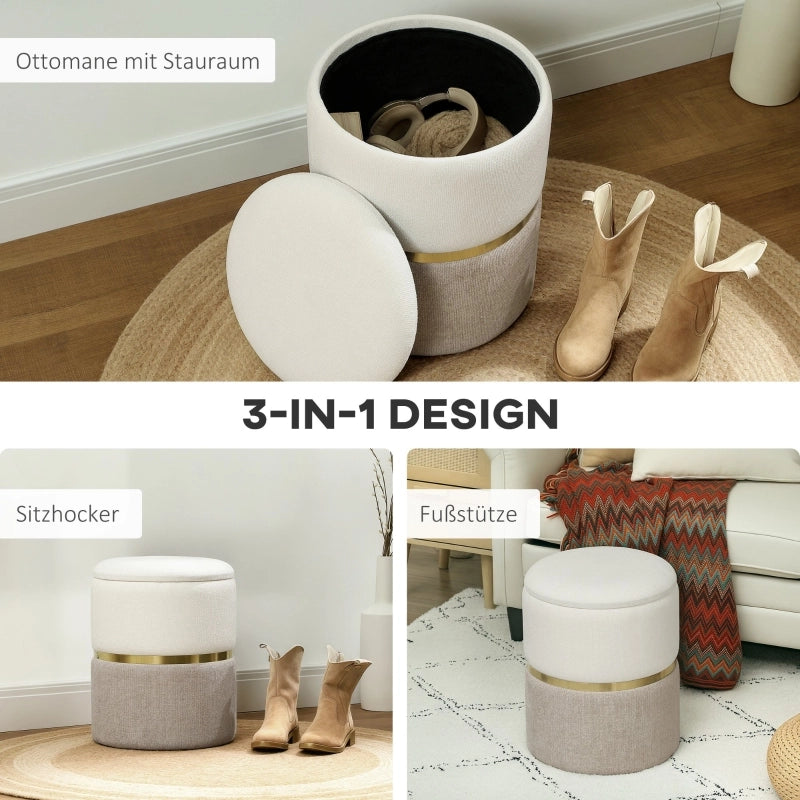 POUF CONTENITORE Ø36 x 44 cm Bianco Crema in Chenille con anello in metallo