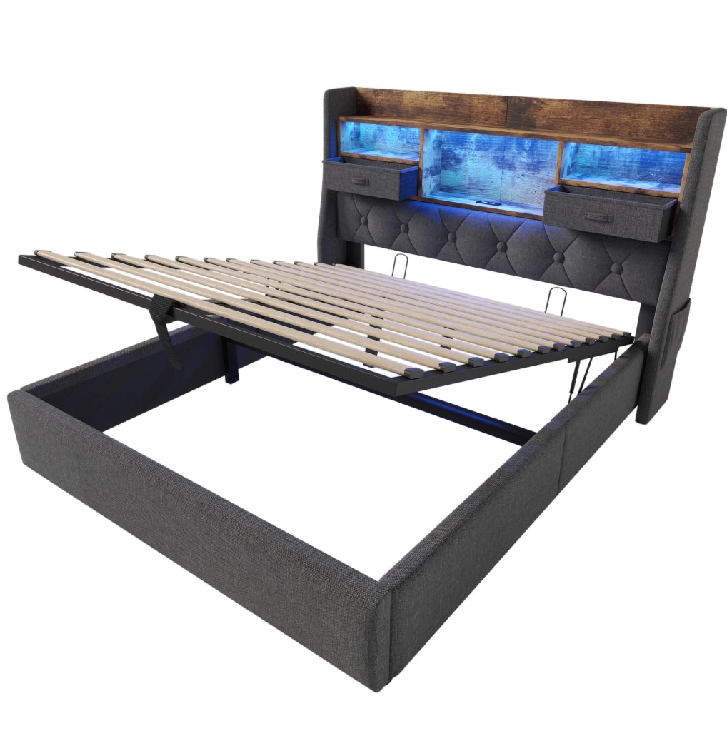 Letto matrimoniale 160x200 cm in lino grigio con contenitore idraulico; LED e porte USB