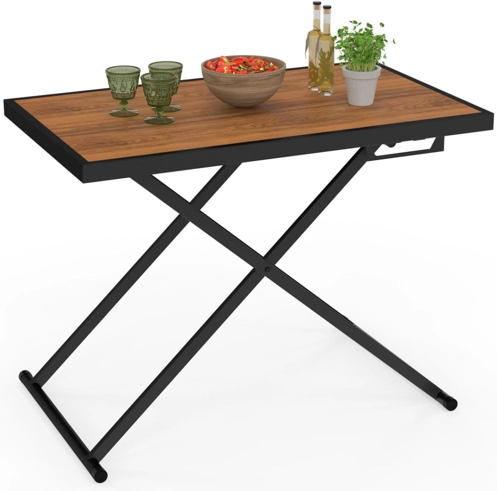 Tavolo da Giardino Olie 100 cm Regolabile in Altezza a 3 Posizioni in Metallo Nero con Piano in Legno