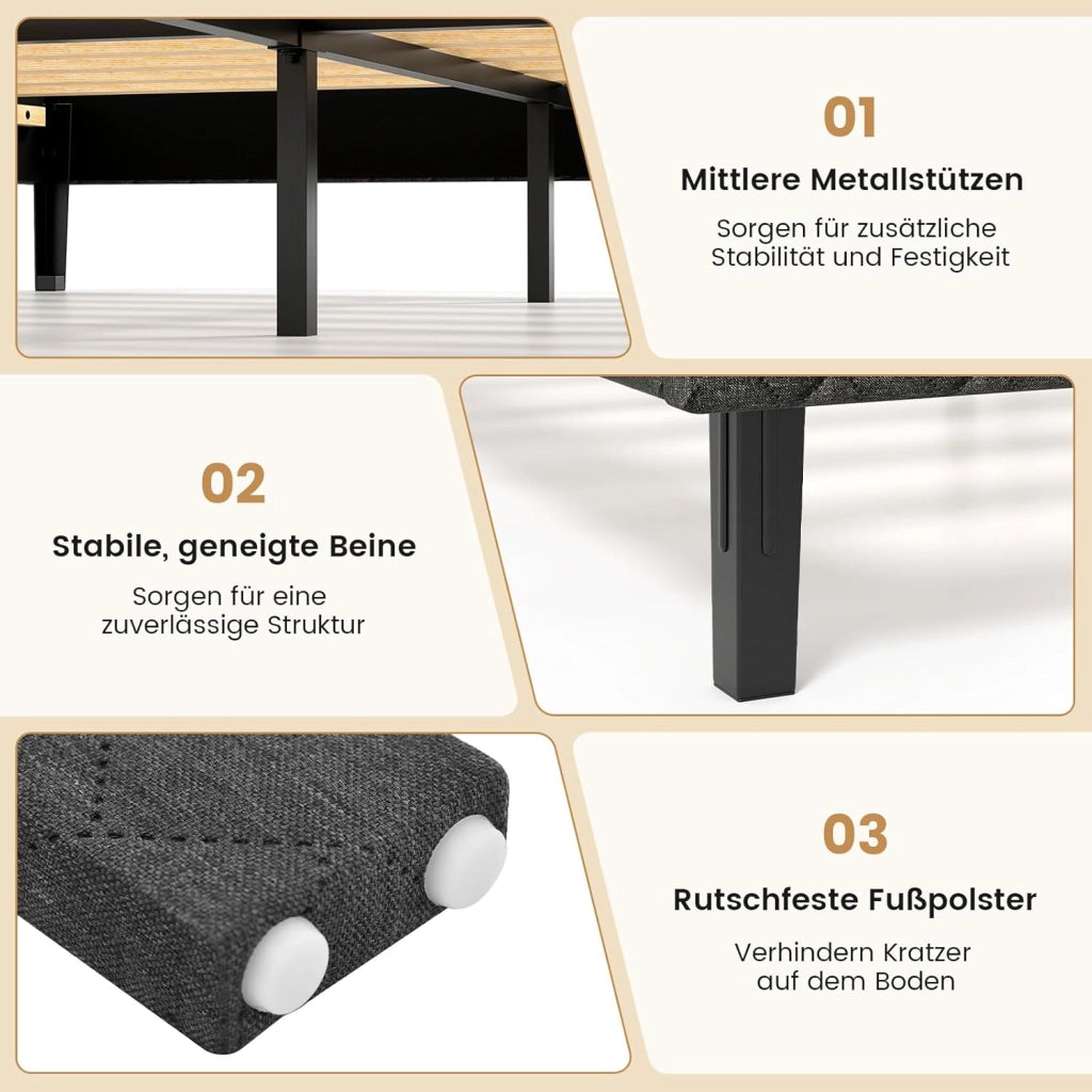 Telaio letto imbottito con testiera regolabile in altezza, robusto telaio in metallo, portata fino a 360 kg, struttura con supporto per doghe in legno per camera da letto (140 x 200 cm)