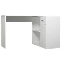 Scrivania angolare girevole 180°, con libreria, cassetto e armadietto, 117x82x74cm, Bianco