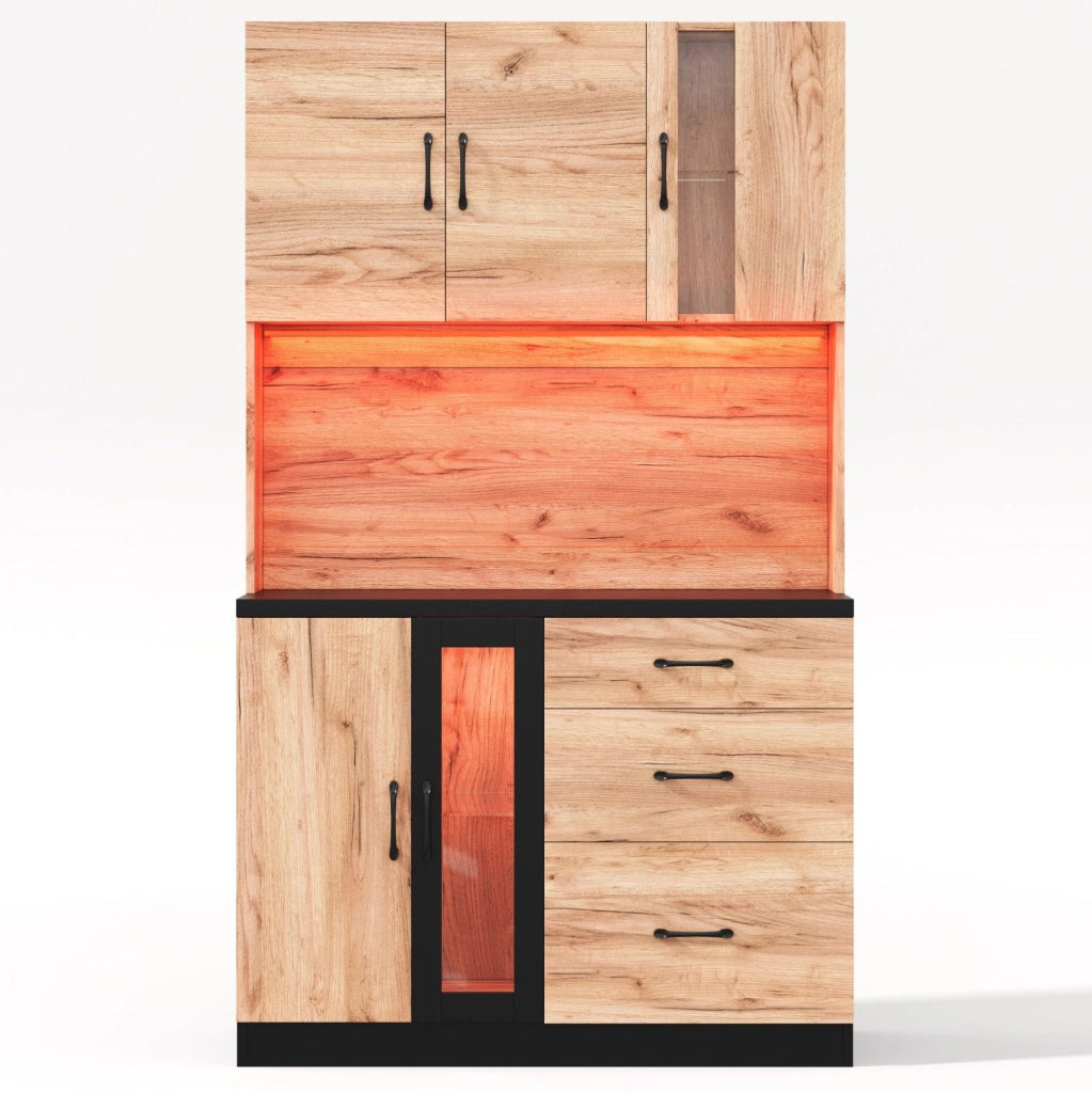 Colonna cucina in MDF con LED; 3 cassetti; ripiani regolabili e prese USB/EU; 105 × 40 × 180 cm