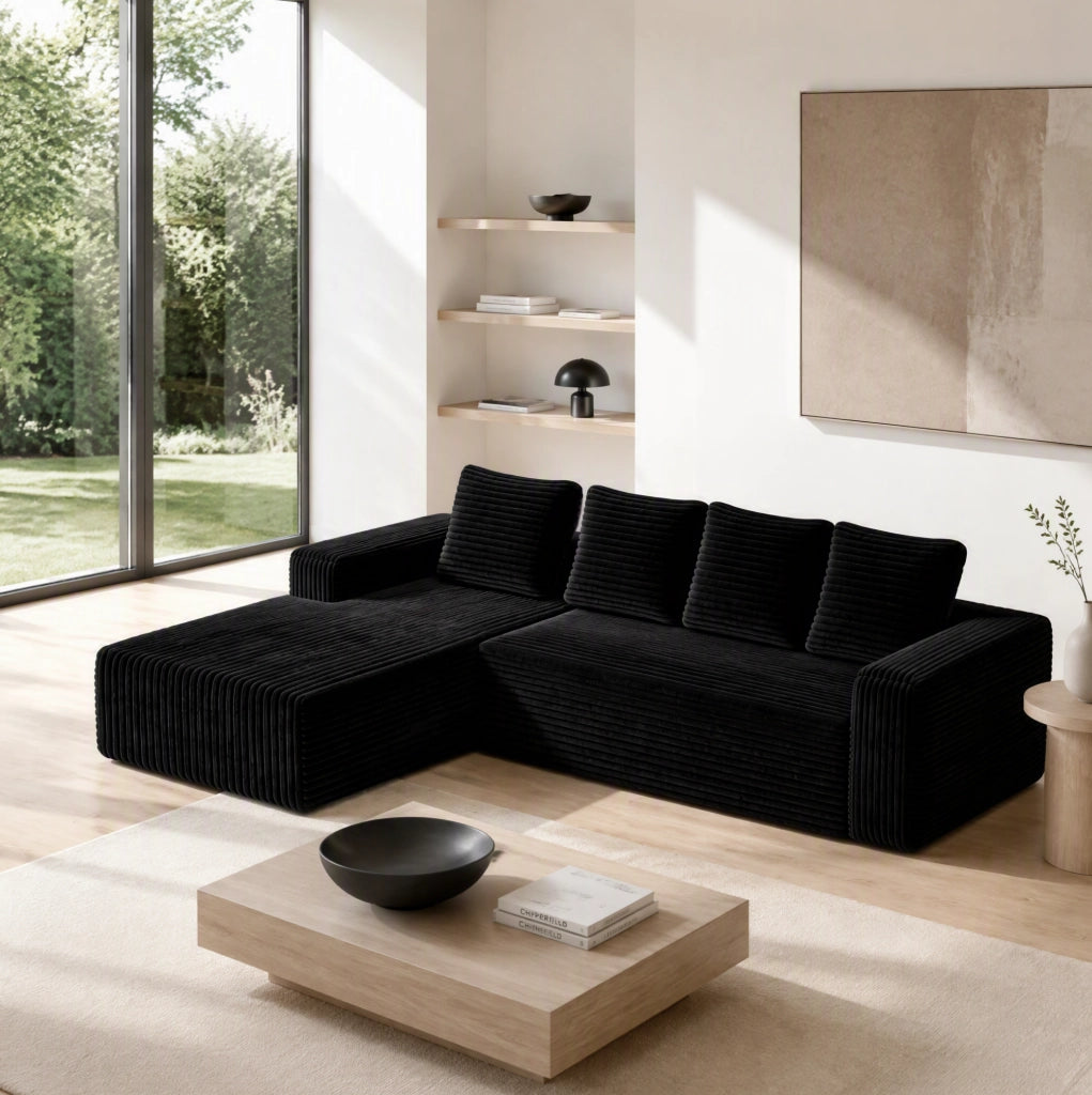 Divano modulare 3 in 1 in corduroy nero e blu; 280x180x65 cm; in schiuma e molle