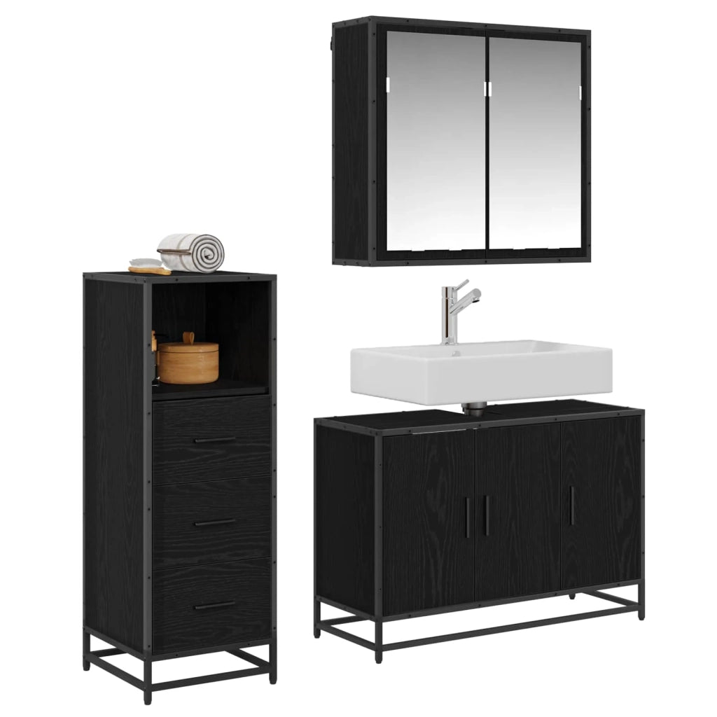 Set di mobili per il bagno 3 pcs Rovere Nero Legno multistrato