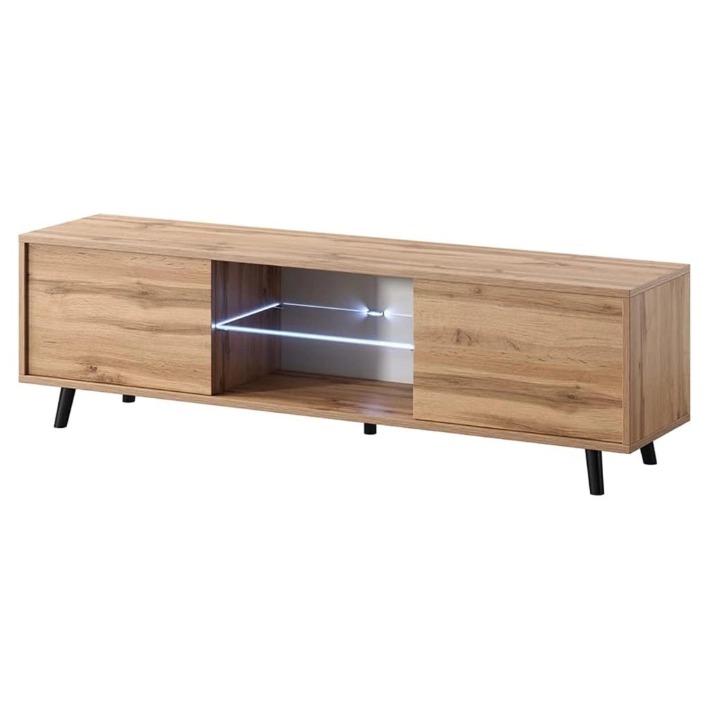Mobile TV Con 2 Ante Battenti Vano Centrale Con Ripiano In Vetro E LED Porta Televisore In Melaminico Piedini In Metallo Per Soggiorno Salotto Zona Living 140 X 31.5 X 40 Cm Rovere