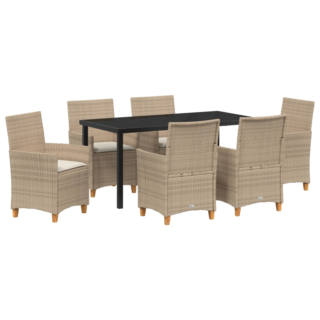Set da Pranzo da Giardino da 7 Pezzi con Cuscini Beige Rattan Poliestere