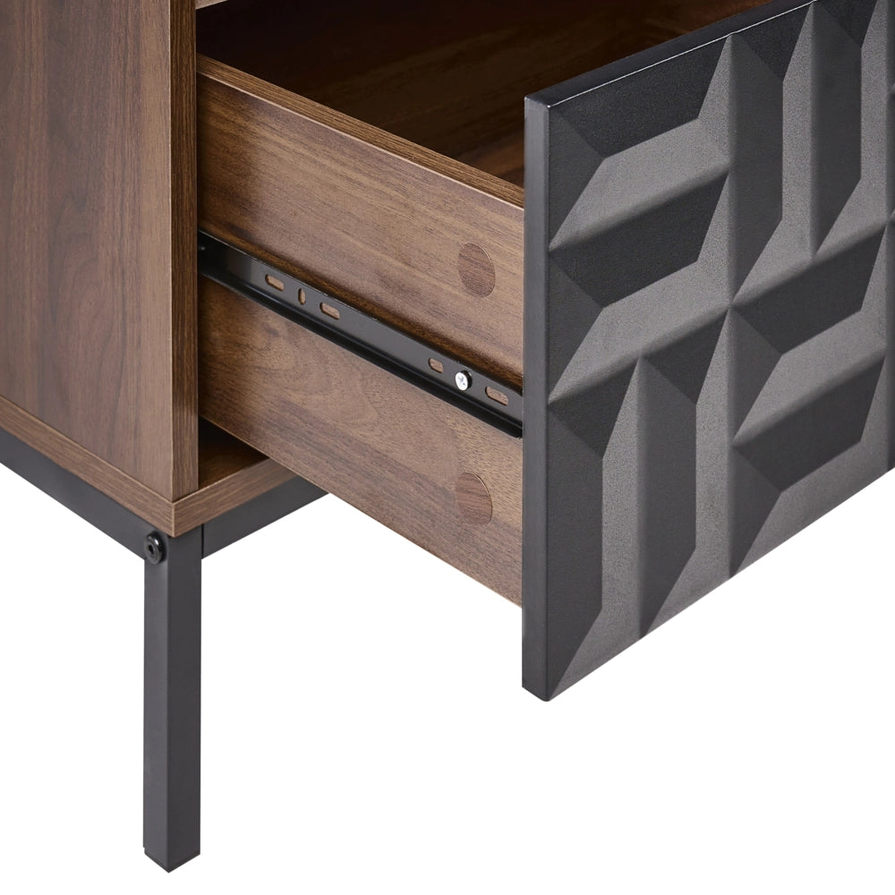 Comodino Marrone scuro MDF Gambe in metallo Cassetto Ripiano Motivo geometrico Comodino da camera da letto