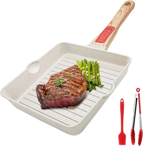 Piatto grill, 20 x 20 cm, con maniglia rimovibile, padella in alluminio per steak, rivestimento antiaderente, lavabile in lavastoviglie e forno (bianco)
