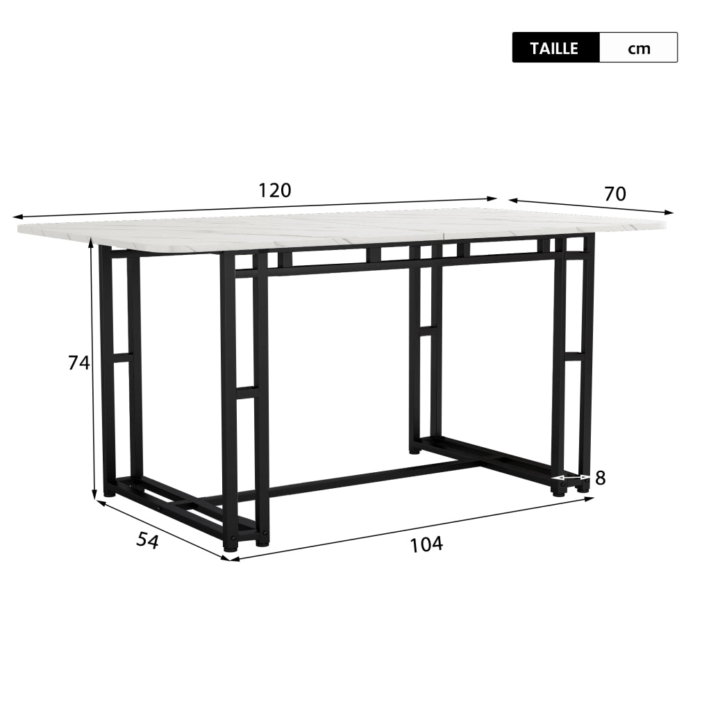 Tavolo da pranzo in MDF con gambe in metallo nero, per sala da pranzo e soggiorno, bianco e nero, 120 × 70 cm