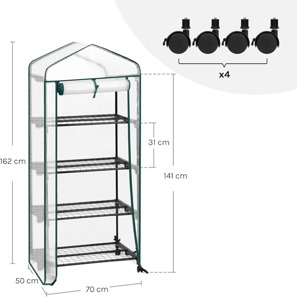 Serra da Giardino, con Ruote, Serra da Balcone, 70x50x162 cm, Copertura in PE 140 g/m², Porta a Zip Avvolgibile, per Svernamento con 3/4 Ripiani, per Interni ed Esterni, Bianco