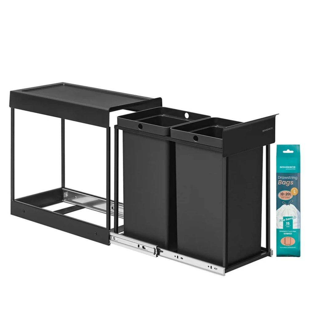 Pattumiera per la raccolta differenziata pattumiera estraibile da cucina con due secchi da 15 litri meccanismo di scorrimento fluido struttura in acciaio coperchio in ABS nero 12_0007265