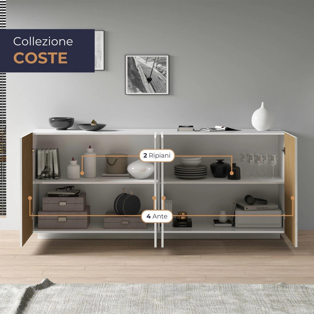WHOUS Credenza Coste a 4 ante effetto cannetè bianco opaco e legno chiaro 200x43x86 cm