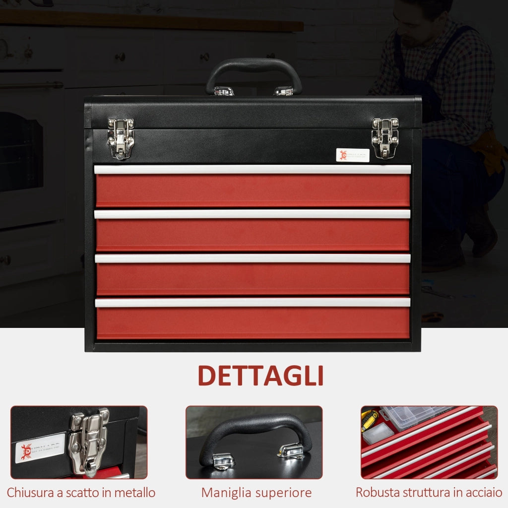 Cassetta Porta Attrezzi 4 Cassetti e Vassoio 51x22x39,5 cm in Acciaio Rosso e Nero