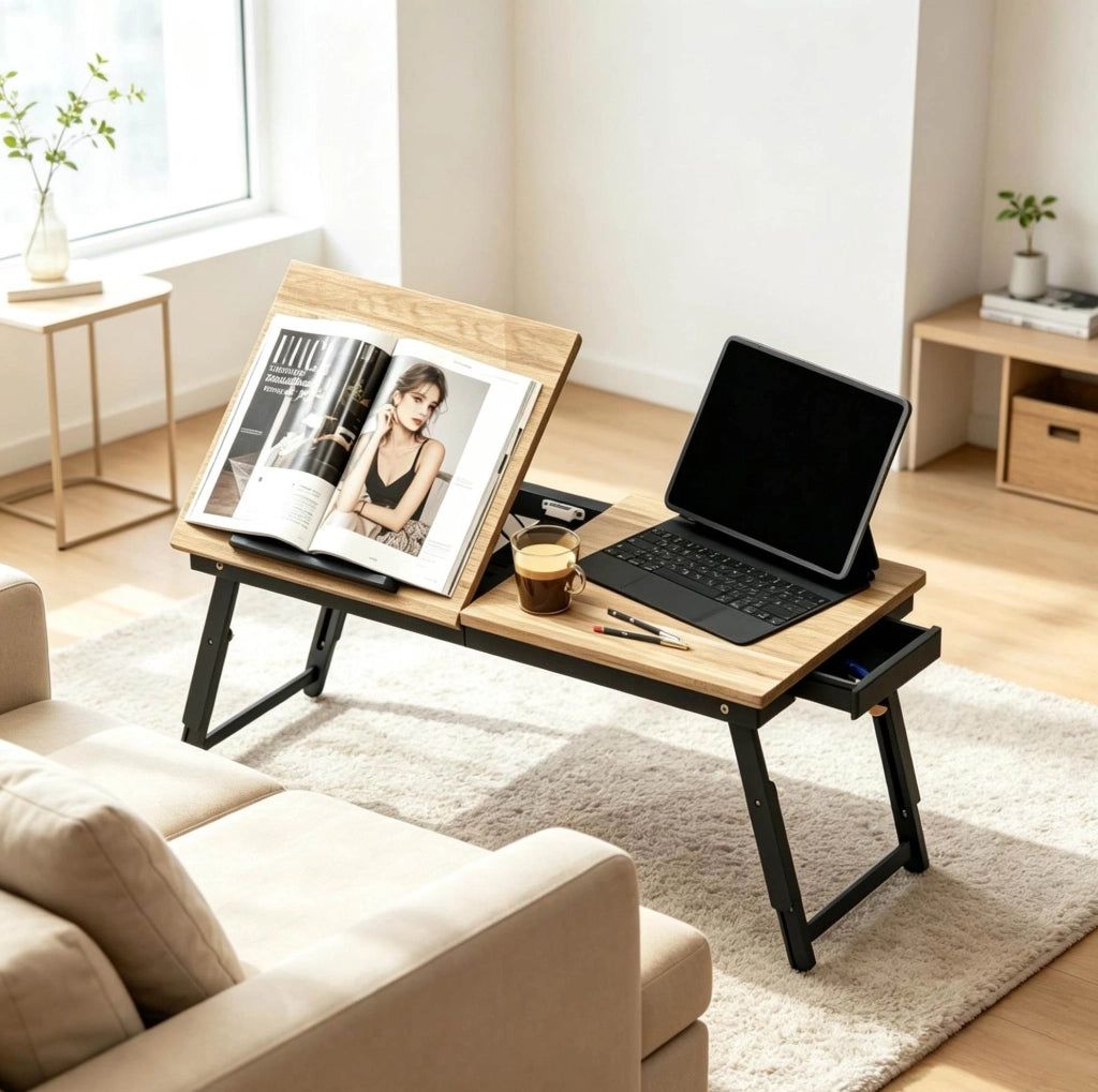 Tavolino laptop regolabile con cassetto, pieghevole e salvaspazio