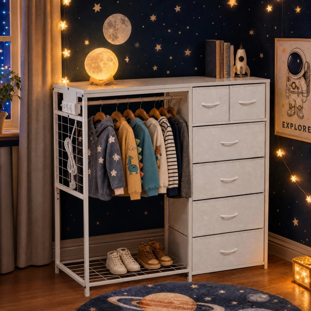 Armadio per bambini multifunzione con 6 cassetti in tessuto; asta appendiabiti; presa e ripiano; bianco