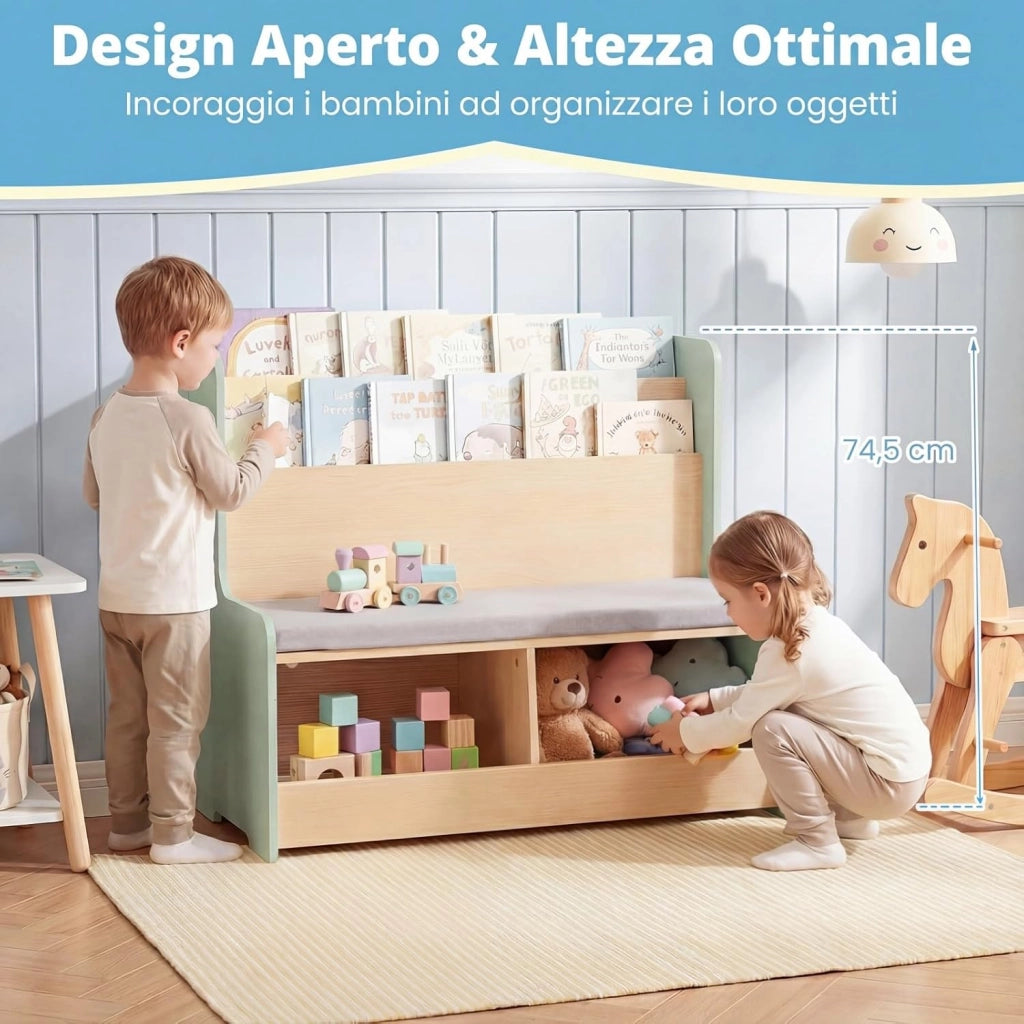 Libreria Montessoriana Salvaspazio per Bambini con Panchina Verde | Porta Libri Bambini con Portariviste a 2 Ripiani, 2 Scomparti Aperti e Cuscino Seduta Rimovibile per Cameretta