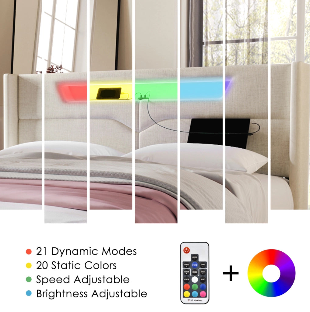 Letto matrimoniale imbottito 140x200 cm in tessuto lino beige con LED; USB e contenitore