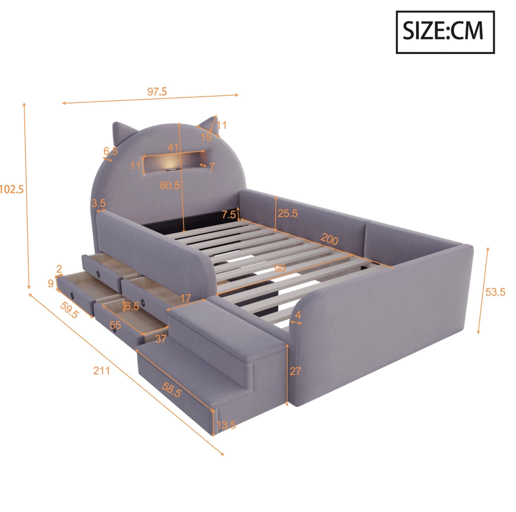 Letto imbottito per bambini 90x200 cm in velluto grigio scuro; testiera con luce notturna e USB