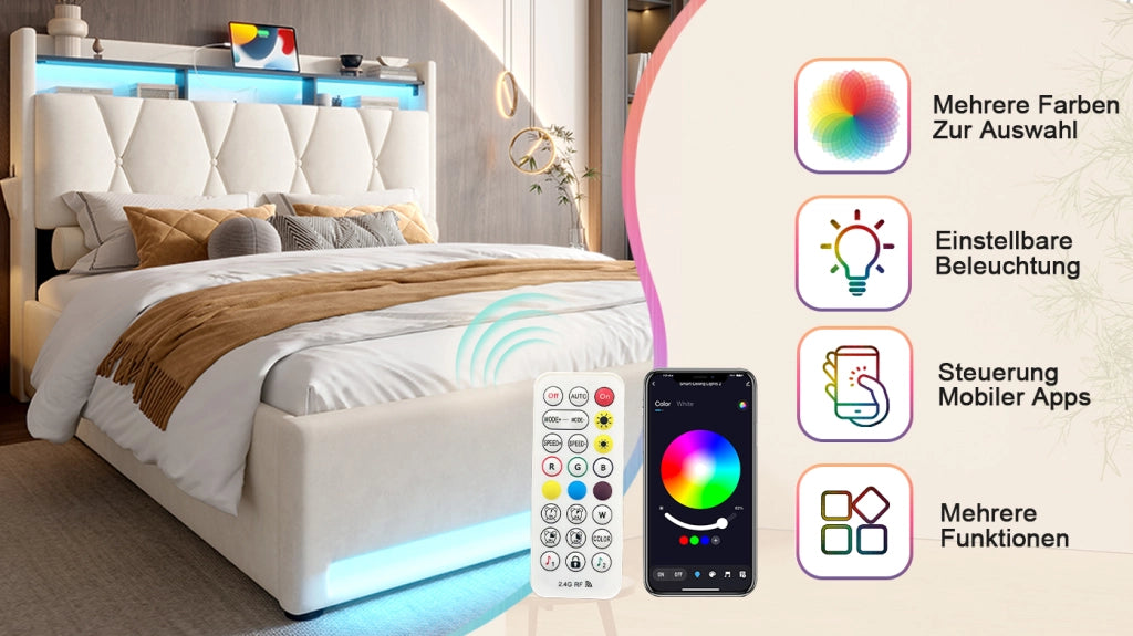 DESMIU Lit contenitore 140 × 200 cm 2 posti con LED, USB e Type-C, vano sottoletto e testiera, senza materasso