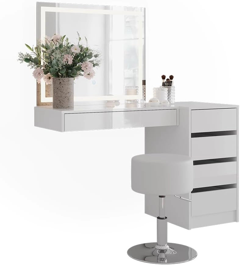 Tavolo da toeletta Sherry, Bianco/bianco lucido, 120 cm 4 parti, con illuminazione LED e specchio integrato