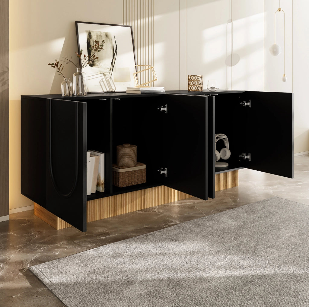 Credenza ULEVR 160x38x75 cm con 4 ante e 4 vani interni, nero e effetto legno
