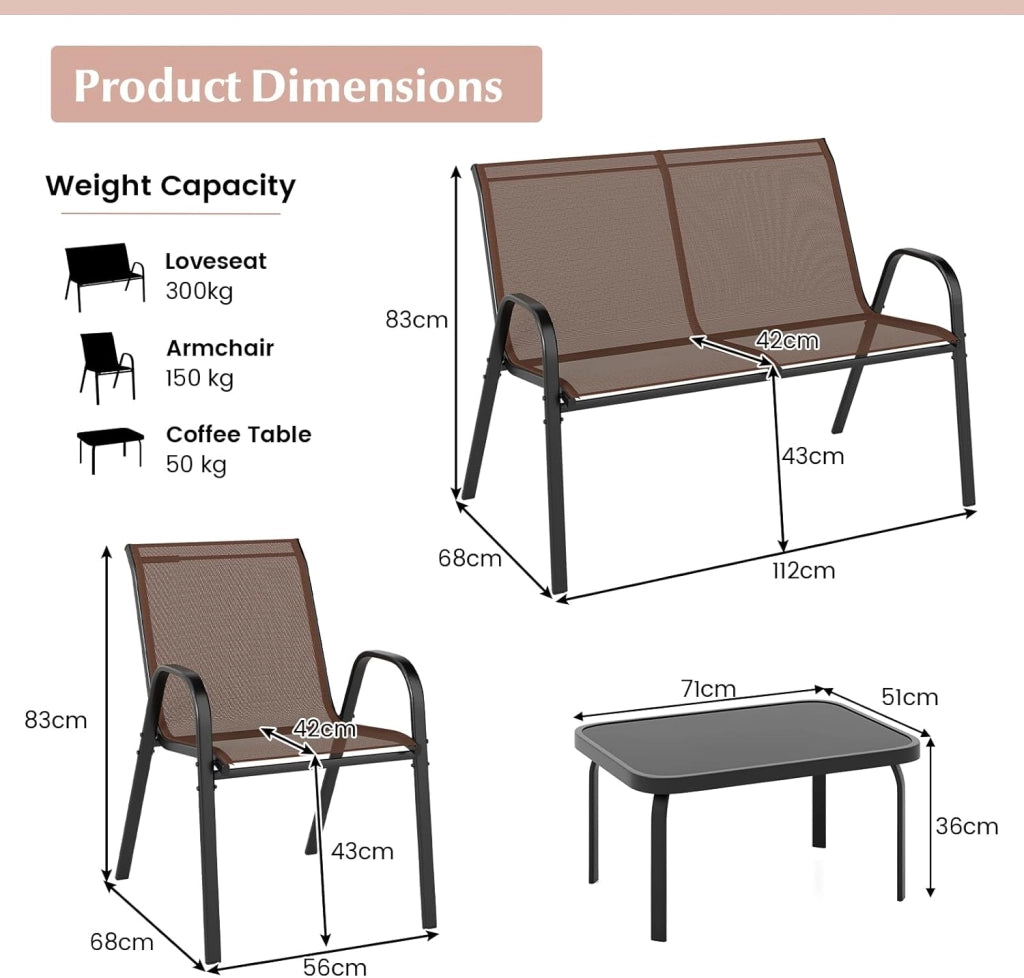 Set di 4 mobili da giardino per esterni, set di mobili da giardino, mobili da balcone, per terrazze, esterni, con tavolino da caffè e panca da giardino e 2 sedie da pranzo, set per 4 persone