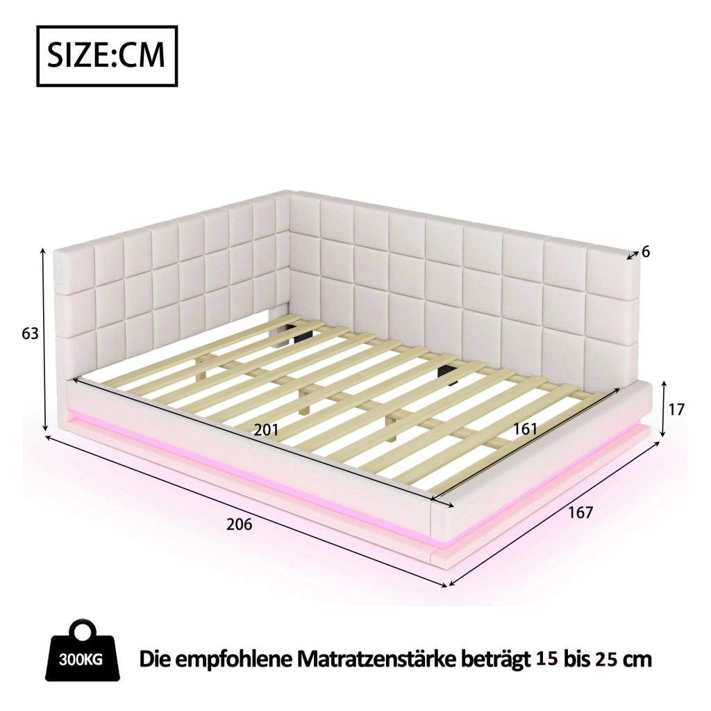 Divano letto 160x200 in tessuto beige con LED, USB e rete a doghe