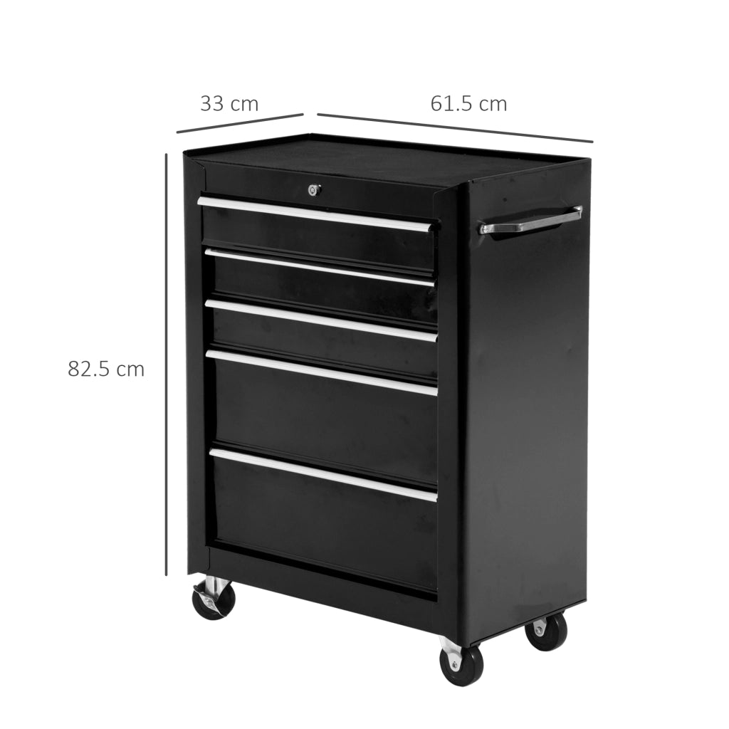 Carrello Porta Attrezzi 5 Cassetti con Chiave e Ruote Nero