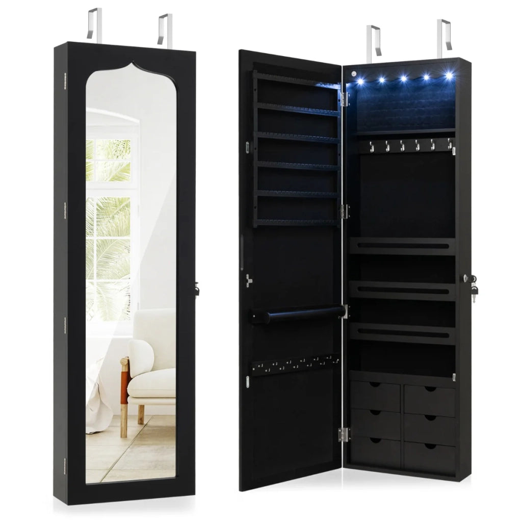 Mobiletto portagioie da parete 120 x 36,5 x 11,5 cm con specchio e luce LED design moderno in MDF nero 20_0010332