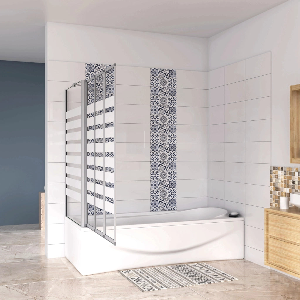 Sopravasca 130×140cm Vetro 4mm Temperato Bianco 3 Ante Pieghevoli a Libro con Lato Fisso 65x140 cm Profilo Argento Opaco Verso Sinistro