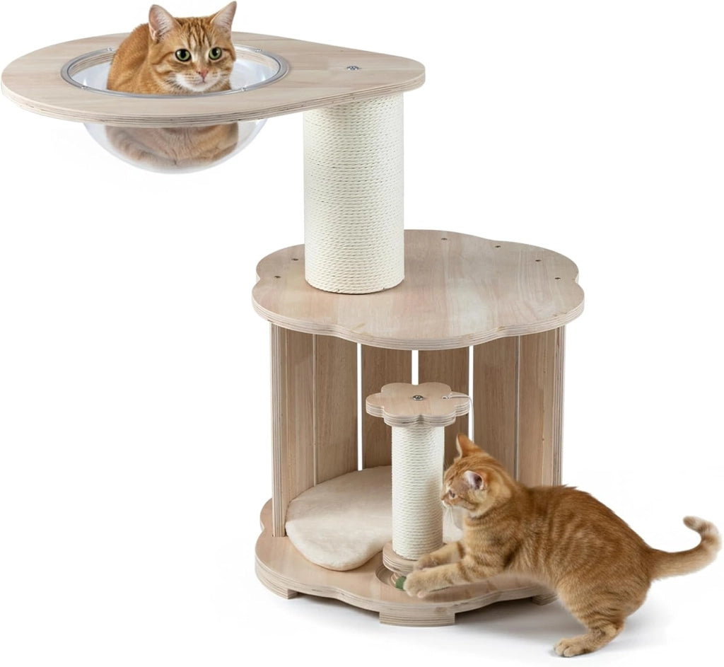 Albero per Gatti Alto 74 cm, Tiragraffi per Gatti in Legno con Condo, Capsula Spaziale, Tiragraffi, Gioco Interattivo con Pista per Palline in Legno, Pallina Appesa e Tappetino Lavabile