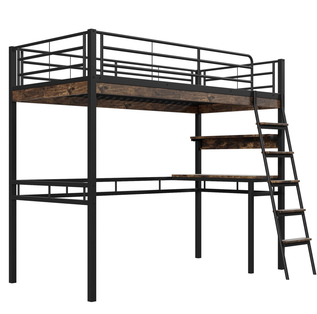 Letto a soppalco 90x200 cm nero metallo e MDF con scrivania e ripiani