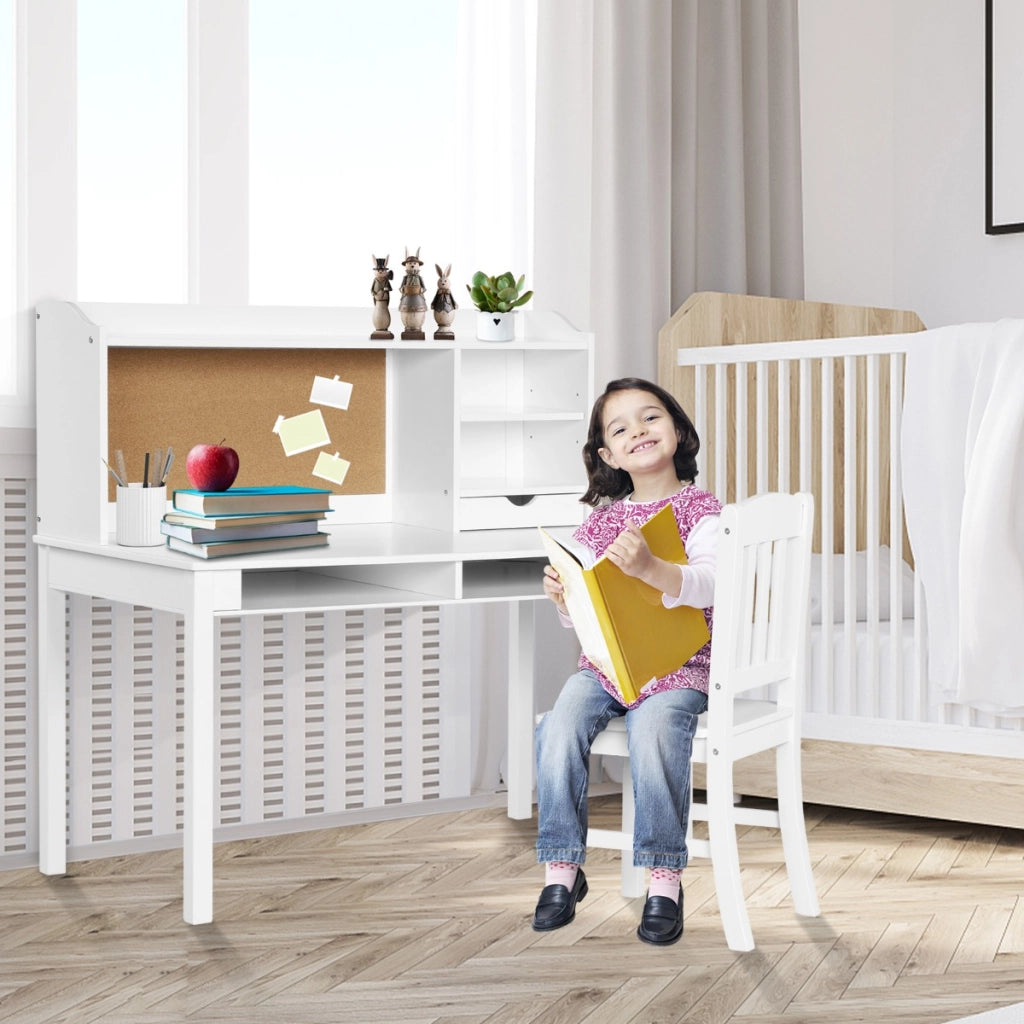 Scrivania per bambini con sedia mensola bacheca in sughero da letto, Set scrivania e sedia per bambini postazione di lavoro Bianco-Tavoli e sedie