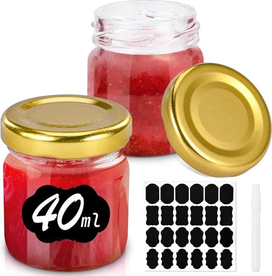 24 contenitori per marmellata, piccoli, 40 ml, contenitori per invecchiamento, piccoli, con coperchio a viti con etichette riciclabili e pennelli per jam e miele lavabili, regali di festa