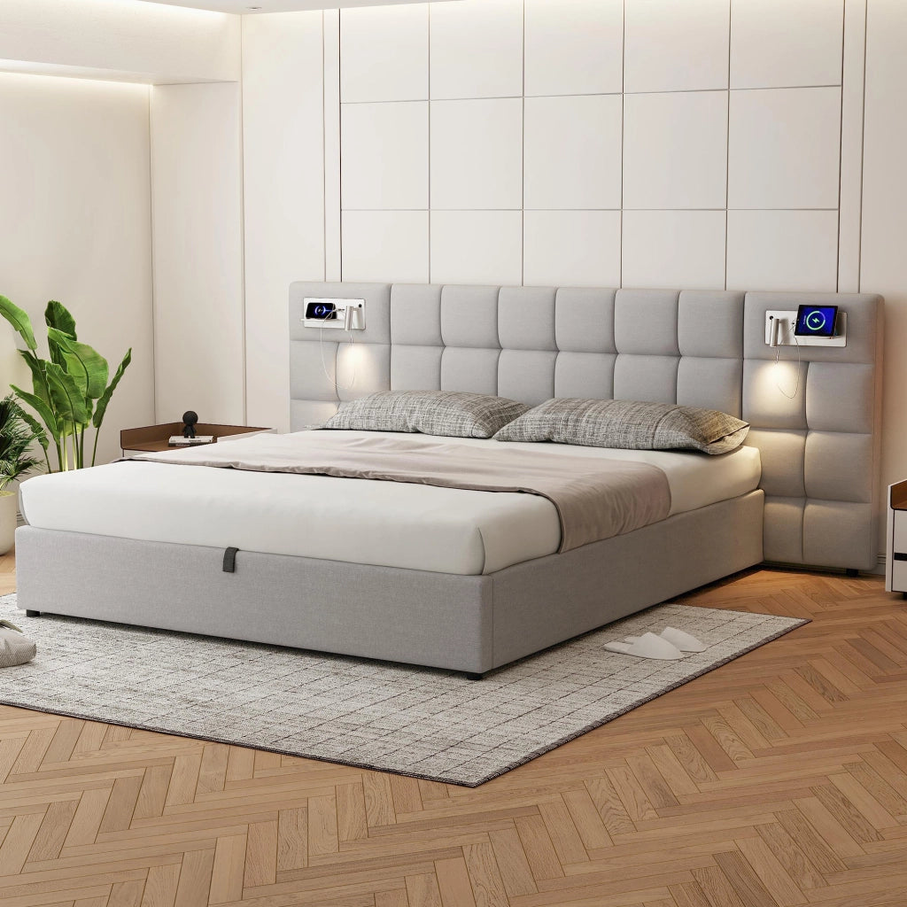 Letti contenitori 180x200 cm; USB e ricarica wireless; lino grigio (Senza materasso)