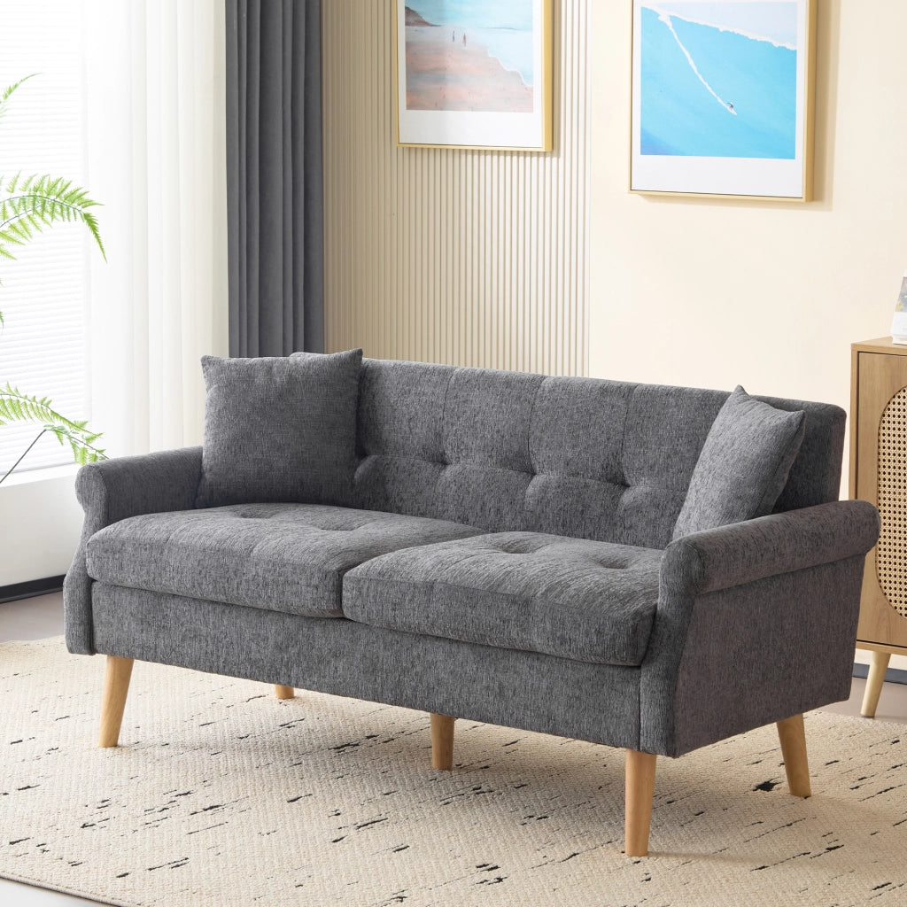 OKWISH Divano 2 Posti con Cuscini, Seduta Spessa 15 cm e Braccioli Ergonomici, Ciniglia Grigio, 162 x 74 x 77 cm