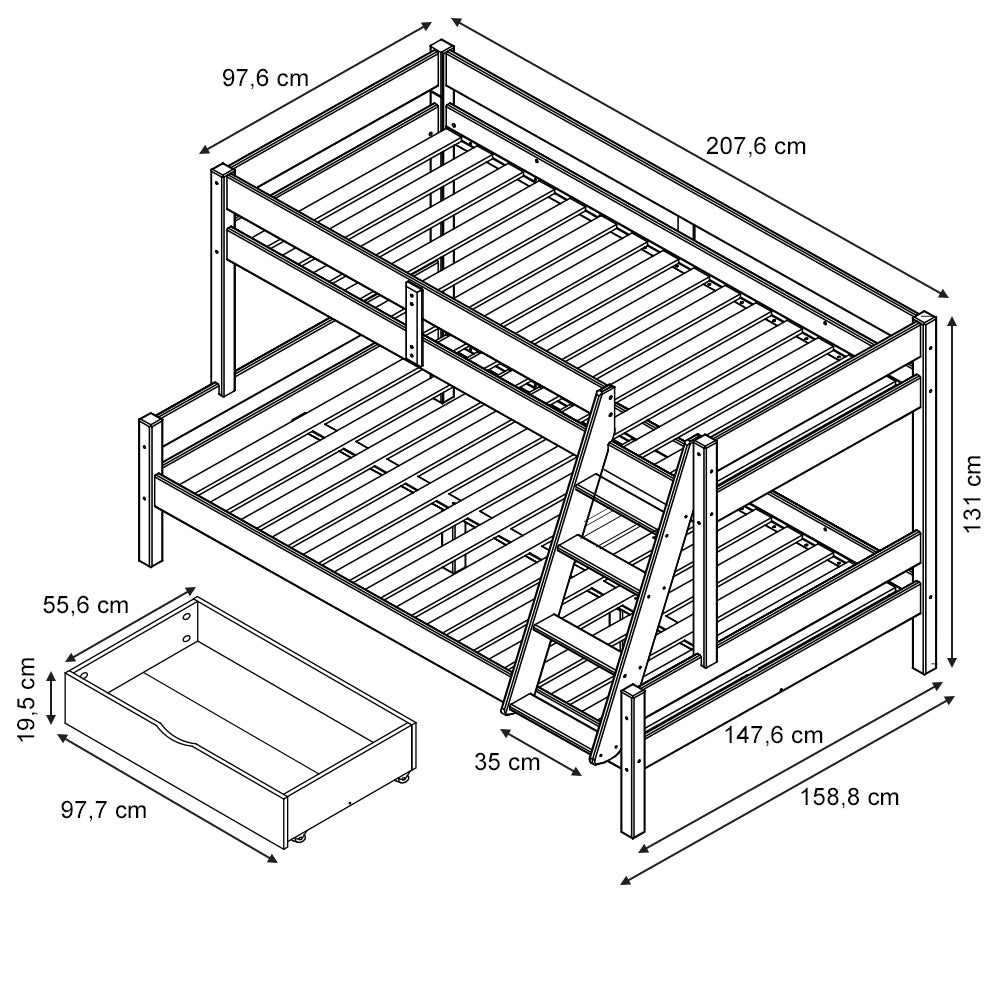 Vitalispa Letto a castello Legno naturale 140x200 / 90x200 cm con 2 materassi e 2 cassetti