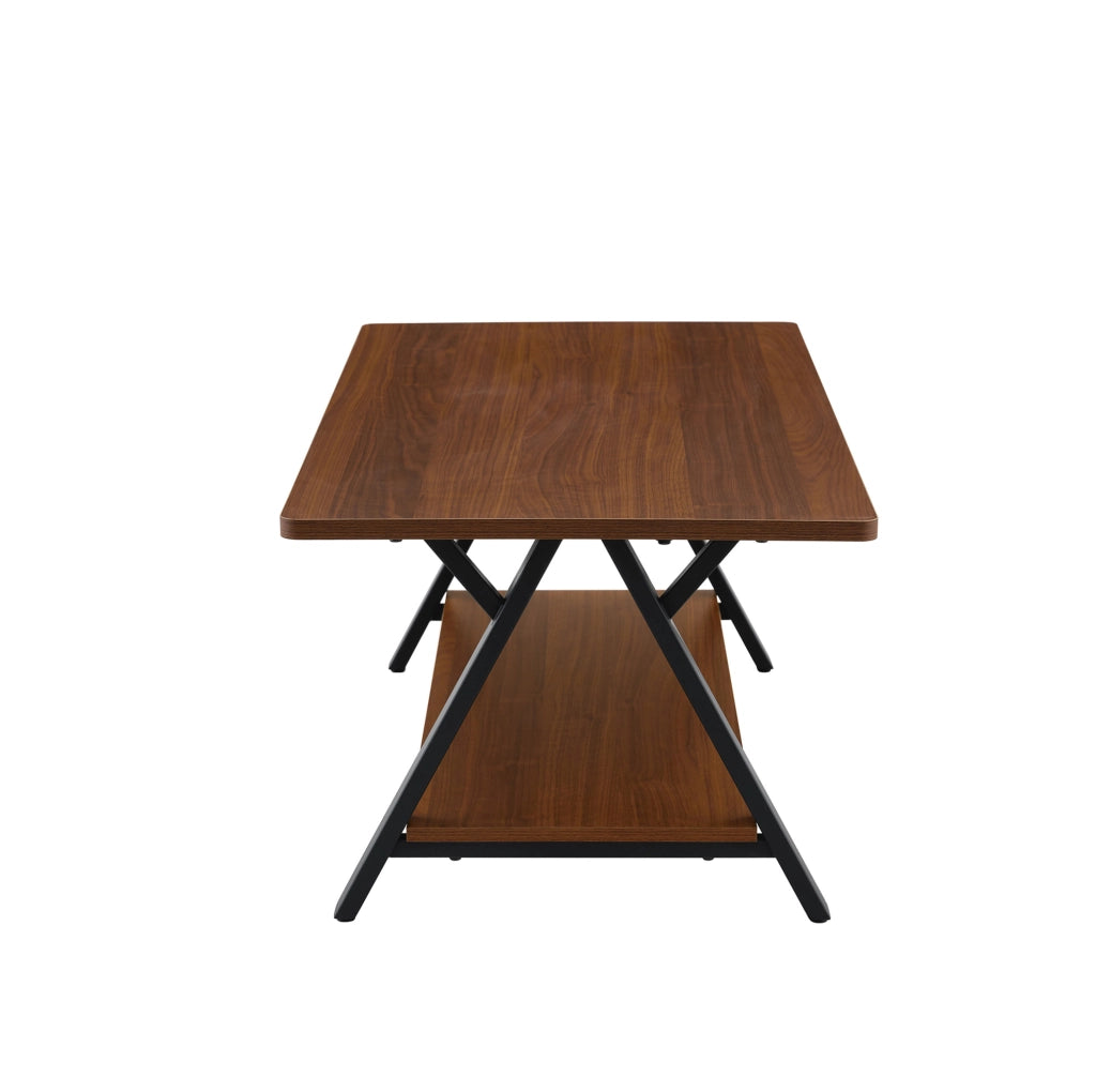 Tavolino da caffè 110x57x44.5 cm con doppio ripiano; MDF e metallo; noce