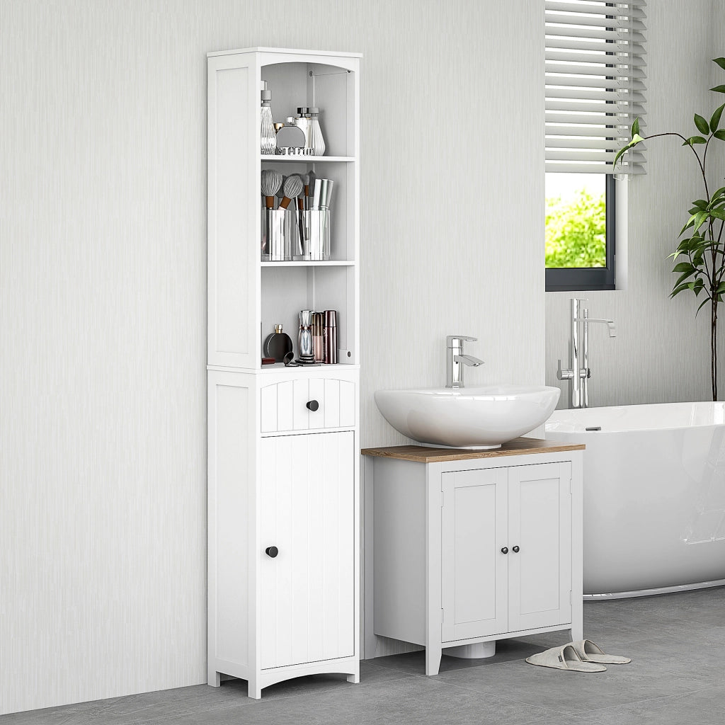 Mobile bagno alto salvaspazio con 1 cassetto, 1 vano chiuso e 3 ripiani, bianco