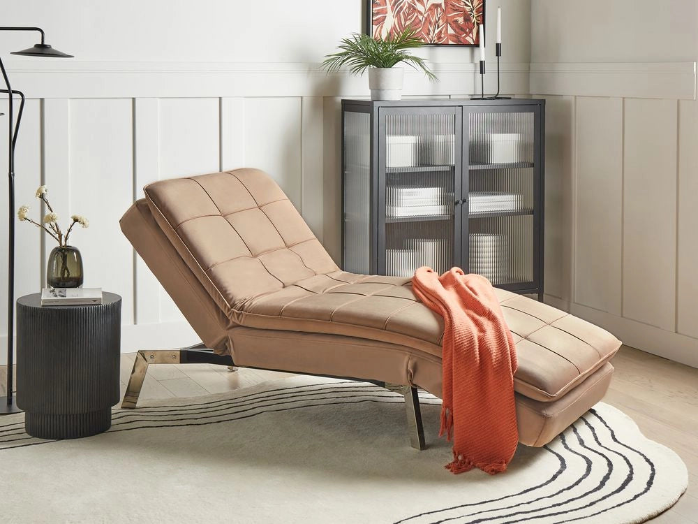 Chaise Longue Velluto marrone chiaro e Poggiapiedi Regolabili Moderna Glamour