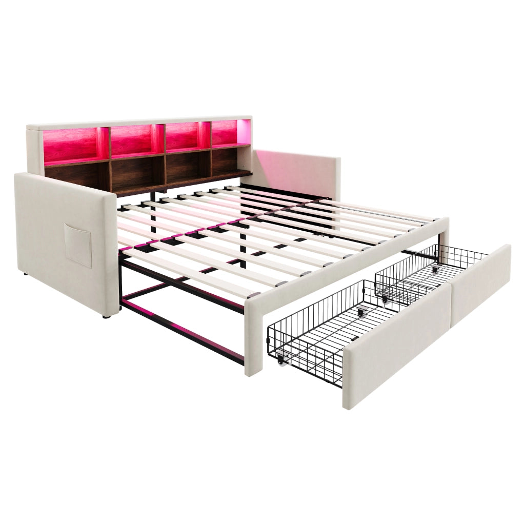 Letto imbottito estraibile 90x190 cm in velluto beige con testiera contenitore, luci LED, prese USB/Type-C, 2 cassetti e rete a doghe