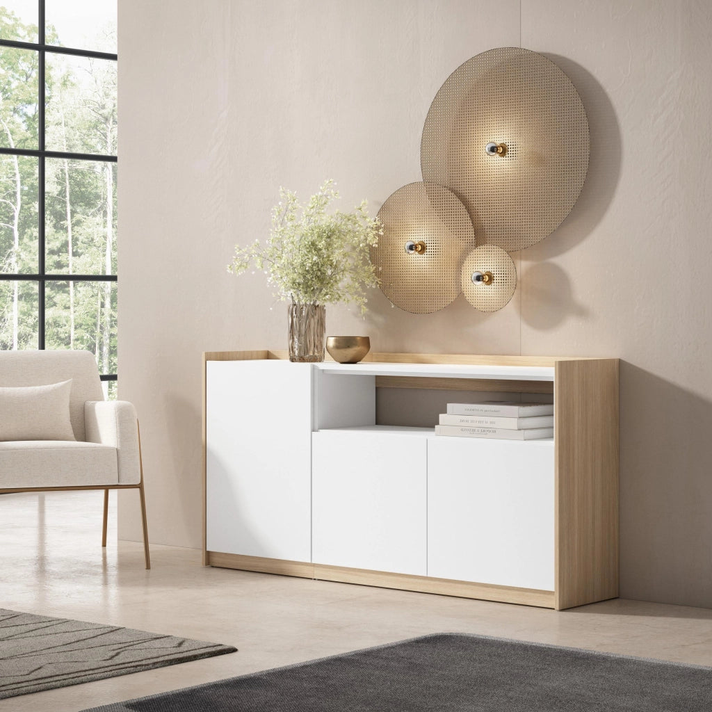 Credenza, Mobile, Cucina, 156x80x37 cm, 3 Porte, grande stoccaggio, Bianco e Rovere soft