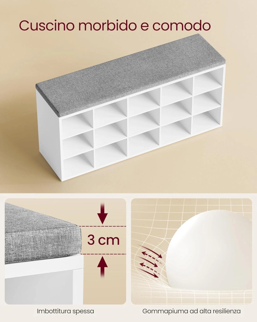 VASAGLE Panca Scarpiera, Scarpiera Ingresso con Seduta Imbottita e 15 Scomparti, Scaffale Porta Scarpe da Ingresso, 30 x 105 x 48 cm, Bianco e Grigio LHS15WT