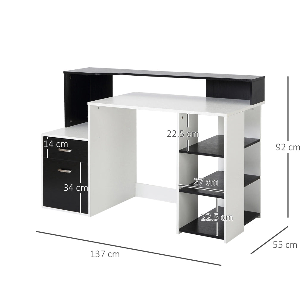EasyComfort Scrivania per Ufficio con Ripiano Stampante, 2 Cassetti e 3 Mensole, in MDF Bianco e Nero, 137 x 55 x 92cm