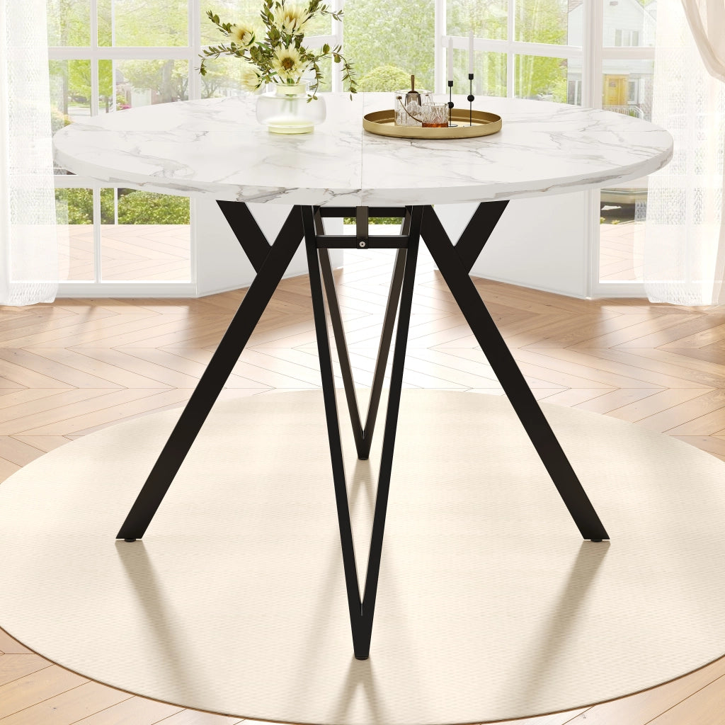Tavolo da Pranzo Rotondo con 4 Sedie ¨C MINIMAL ¨C Piano Effetto Marmo, Gambe Metallo Nero, 100 cm