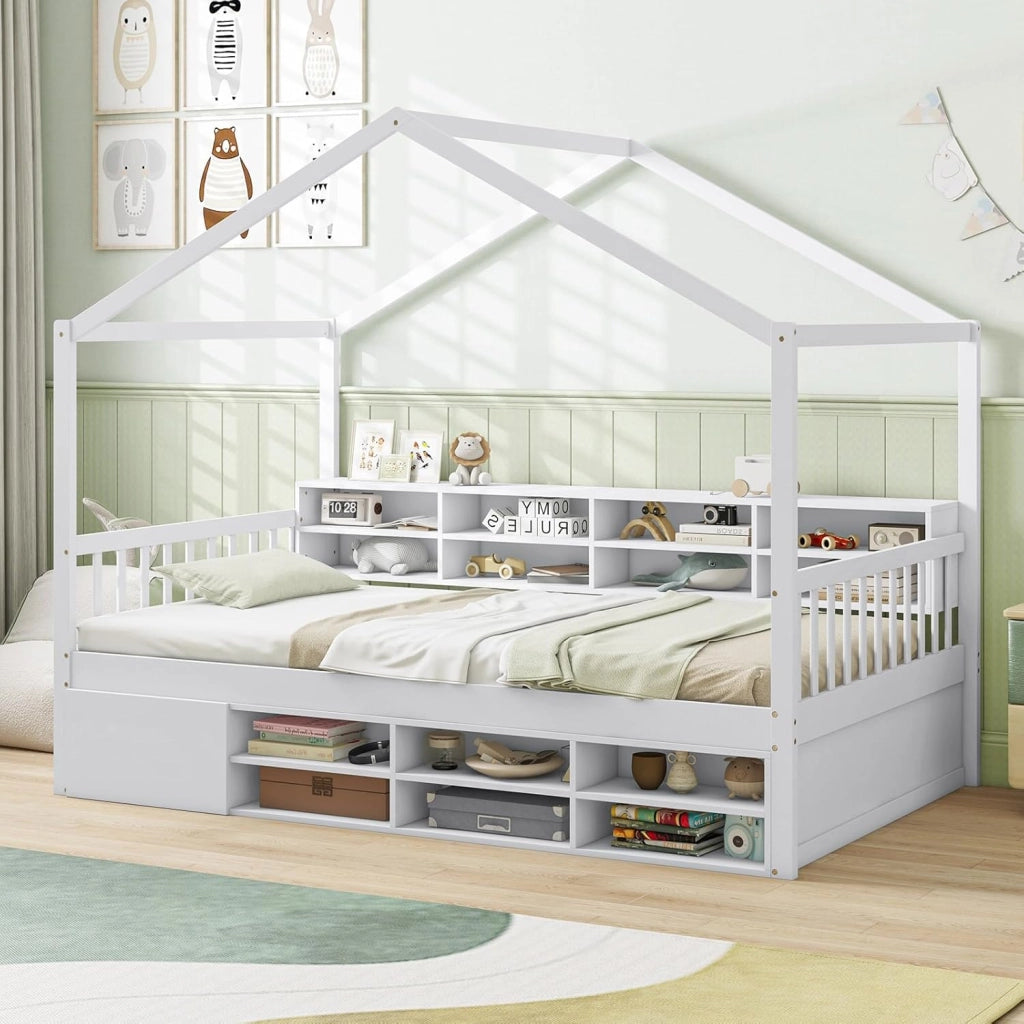 Letto a Castello con Tetto, Letto Singolo per bambini con Struttura in Legno 14 Cubi di Stoccaggio e un Armadio, Struttura Letto 100x190 cm, Carico 200 kg