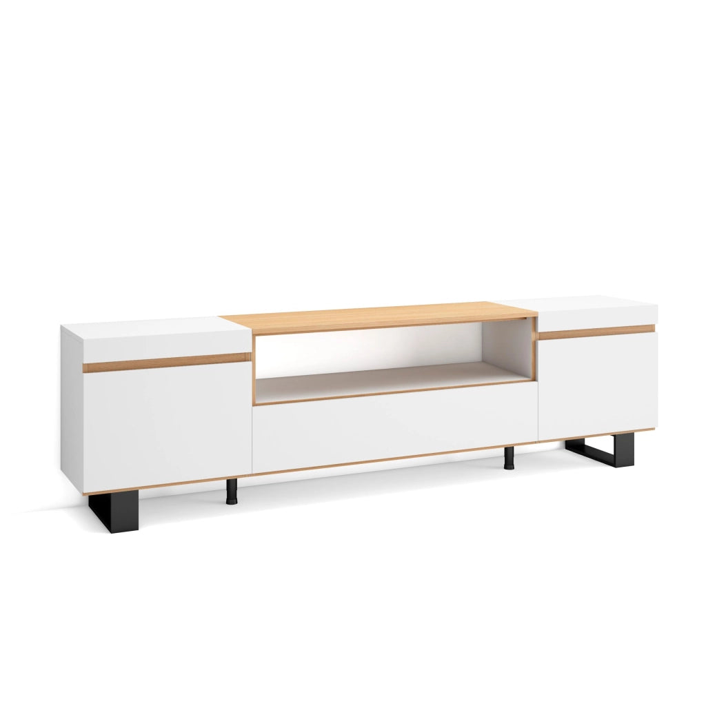 Mobile TV Soggiorno, 200x57x35cm, Per TV fino a 80", Design industriale, Bianco e Rovere soft