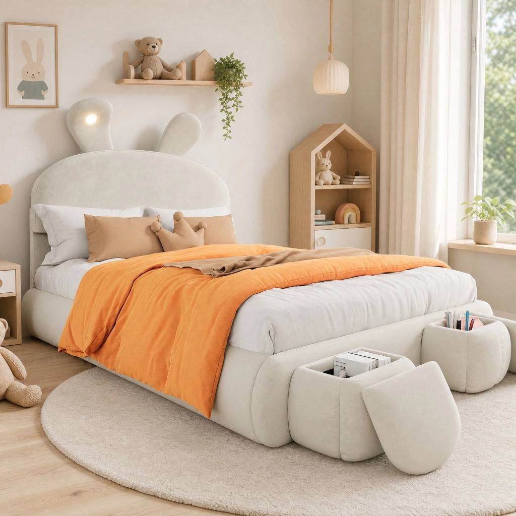 Letto imbottito con LED e contenitore beige 140x200 cm