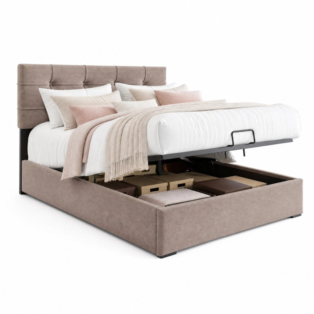 Letto imbottito 90x200 cm con contenitore e testiera regolabile; velluto grigio chiaro