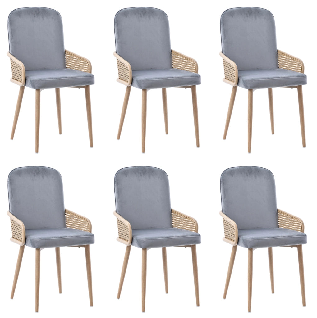 Set 6 sedie da pranzo grigie in velluto, design in rattan e gambe metalliche